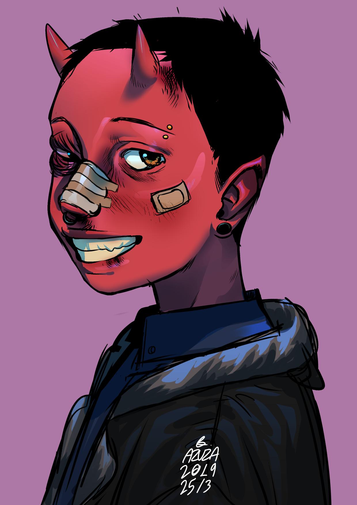 2019 ambiguous_gender azuza black_clothing black_eye_(injury) black_hair black_jacket black_topwear blue_bottomwear blue_clothing bottomwear bruised bust_portrait clothed clothing dated ear_piercing eyebrow_piercing facial_piercing gauged_ear glistening glistening_eyes grin hair hi_res horn humanoid jacket looking_at_viewer not_furry orange_eyes piercing portrait purple_background red_body red_horn red_skin short_hair side_view signature simple_background small_horn smile solo topwear