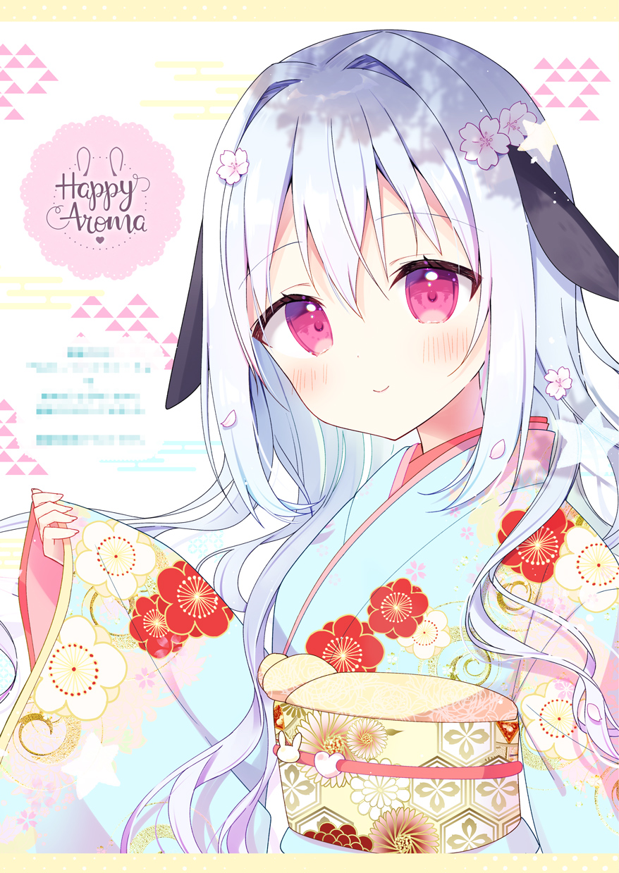 1girl animal_ears aoi_yun bangs blue_kimono blush censored closed_mouth floral_print flower grey_hair hair_between_eyes hair_flower hair_intakes hair_ornament highres japanese_clothes kimono long_hair long_sleeves looking_at_viewer mosaic_censoring original print_kimono rabbit_ears red_eyes sleeves_past_wrists smile solo upper_body very_long_hair white_background white_flower wide_sleeves