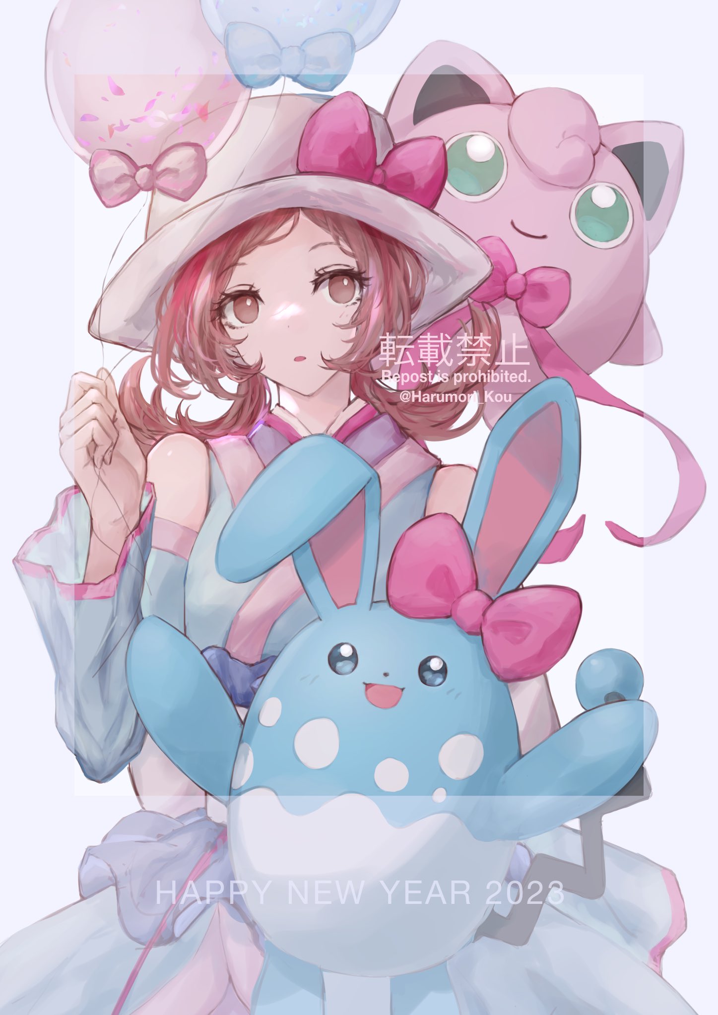 1girl 2023 azumarill balloon bangs bare_shoulders bow brown_eyes brown_hair commentary detached_sleeves eyelashes hand_up happy_new_year harumori_kou hat hat_bow highres holding holding_string japanese_clothes jigglypuff kimono long_hair lyra_(pokemon) lyra_(summer_2020)_(pokemon) official_alternate_costume pink_bow pokemon pokemon_(creature) pokemon_(game) pokemon_masters_ex string twintails twitter_username watermark white_headwear