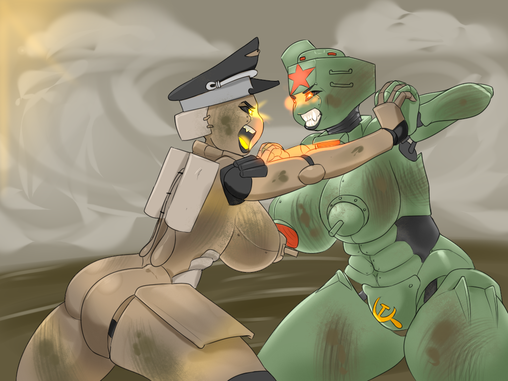 anthro big_breasts blackbetty breasts clenched_teeth duo female female/female fight living_machine living_tank living_vehicle machine mud nipples not_furry ranged_weapon tank teeth thick_thighs vehicle weapon wrestling yelling
