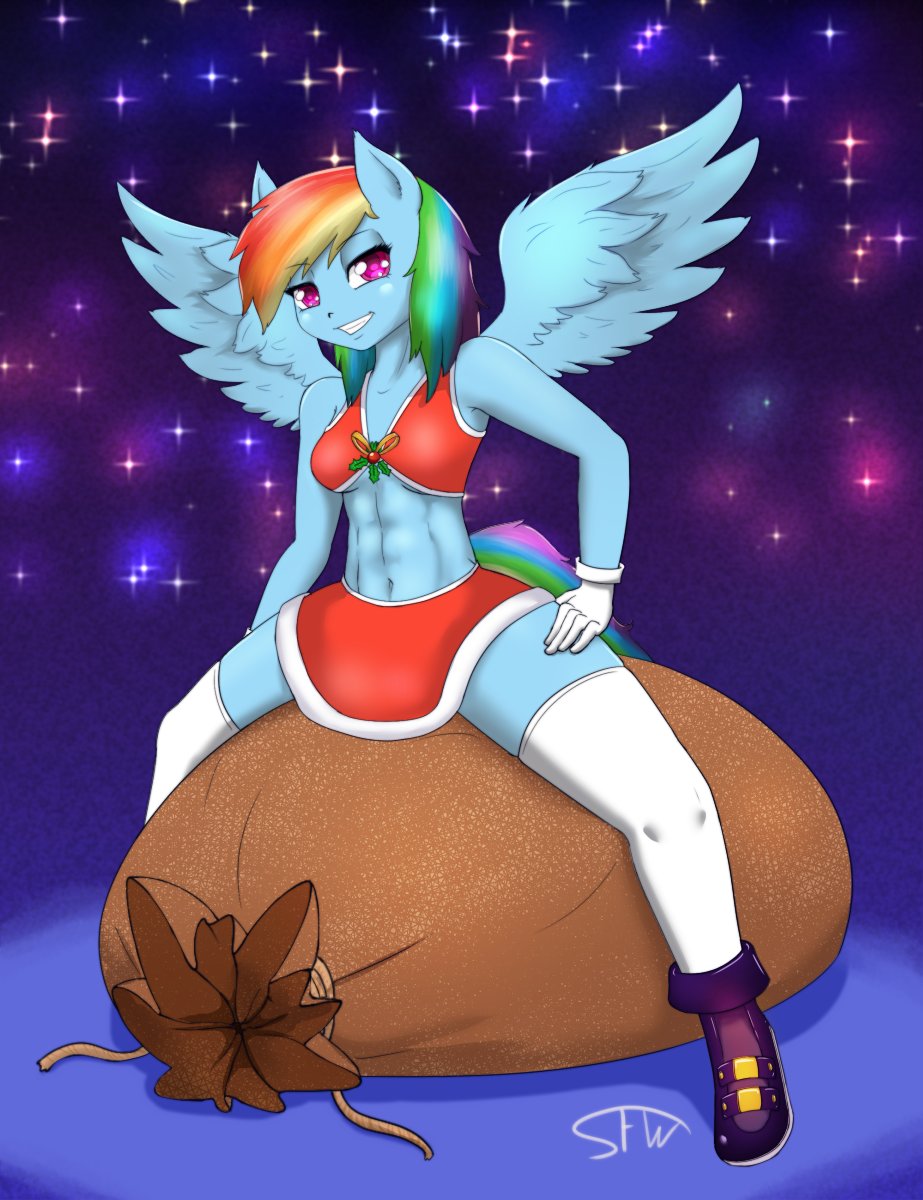 2022 5_fingers 5_toes abs anthro anthrofied athletic athletic_anthro athletic_female bag blue_body breasts christmas christmas_clothing clothing digital_media_(artwork) empyu equid equine feathered_wings feathers feet female fingers footwear friendship_is_magic gloves grin hair handwear hasbro hi_res holidays humanoid_hands legwear mammal multicolored_hair multicolored_tail my_little_pony navel pegasus pink_eyes plantigrade rainbow_dash_(mlp) rainbow_hair rainbow_tail shoes signature small_breasts smile solo spread_wings stockings tail toes white_clothing white_legwear white_stockings wings