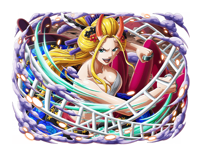 1girl black_maria_(one_piece) blonde_hair brass_knuckles breast_band chest_sarashi green_eyes horns looking_at_viewer official_art one_piece one_piece_treasure_cruise oni_horns open_mouth sarashi smoke solo teeth weapon