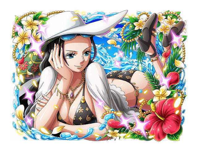 1girl bikini black_bikini black_hair blue_eyes breasts cleavage flower hat head_rest hibiscus high_heels jewelry leaf light_smile long_hair necklace official_art one_piece one_piece_treasure_cruise red_flower solo swimsuit water white_headwear