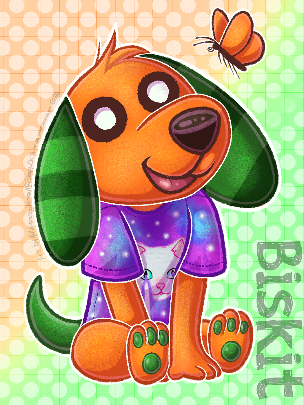 2022 animal_crossing anthro arthropod biskit_(animal_crossing) butterfly canid canine canis chibi clothing digital_drawing_(artwork) digital_media_(artwork) domestic_dog green_ears green_pawpads green_tail head_tuft hi_res insect lepidopteran male mammal nintendo open_mouth orange_body pawpads print_clothing print_shirt print_topwear shirt sitting solo tail topwear tuft white_eyes wienerdogworks