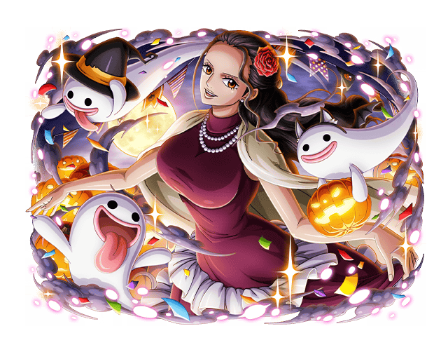 1girl animal_ears bare_arms black_hair brown_eyes dress flower ghost hair_flower hair_ornament halloween hat jack-o'-lantern jewelry long_hair looking_at_viewer necklace official_art one_piece one_piece_treasure_cruise open_mouth pearl_necklace solo teeth tongue tongue_out upper_teeth_only viola_(one_piece) witch_hat