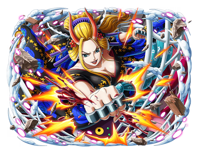 1girl black_maria_(one_piece) blonde_hair blue_eyes brass_knuckles hair_ornament horns japanese_clothes kimono long_hair looking_at_viewer official_art one_piece one_piece_treasure_cruise oni_horns open_mouth teeth upper_teeth_only weapon