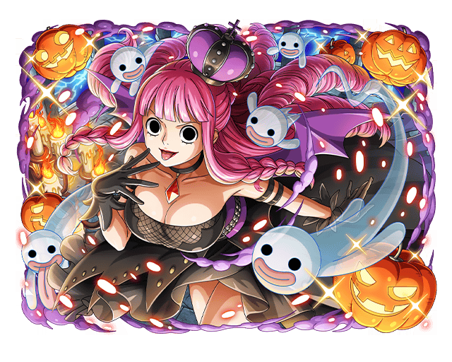 1girl black_dress black_gloves breasts choker cleavage crown dress gloves gothic_lolita halloween halloween_costume jack-o'-lantern lolita_fashion long_hair looking_at_viewer official_art one_piece one_piece_treasure_cruise open_mouth perona pink_hair tongue tongue_out