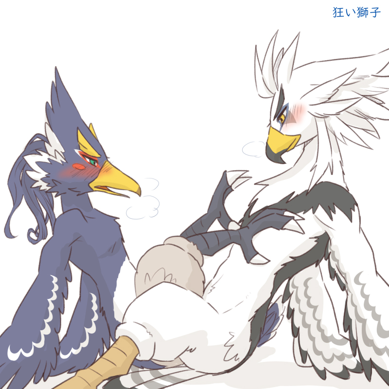 anthro athletic athletic_anthro athletic_male avian beak blue_body blue_feathers blush breath_of_the_wild cloacal cloacal_kiss duo embarrassed feathers from_front_position japanese_text kusachi looking_pleasured lying male male/male nintendo nude revali rito sex talons teba_(tloz) text the_legend_of_zelda white_body white_feathers yellow_beak