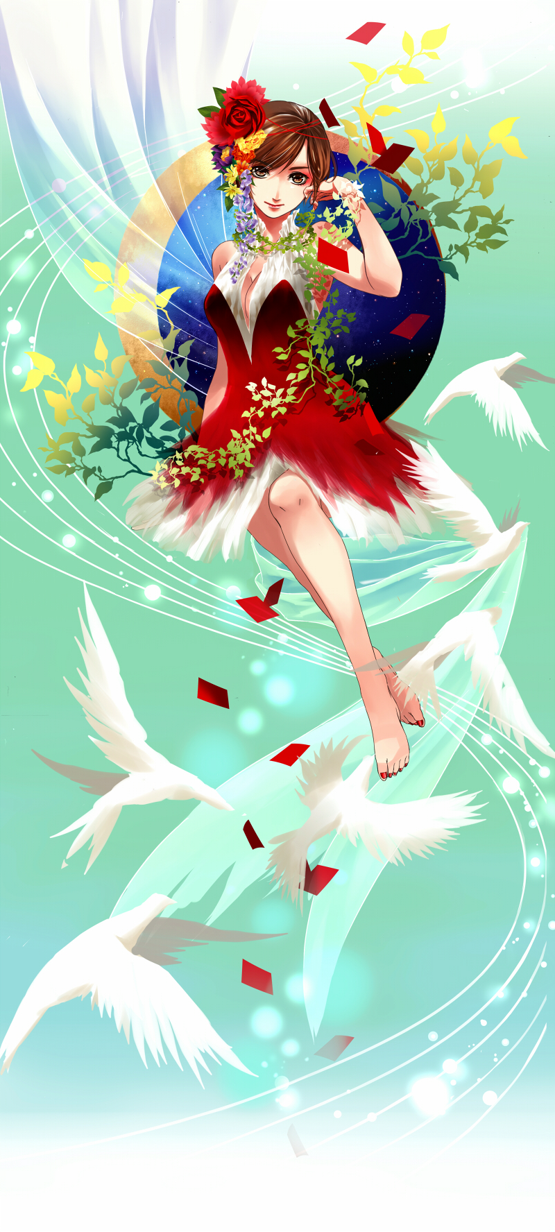1girl bangs barefoot bird breasts brown_eyes brown_hair cleavage confetti crescent_moon crossed_ankles curtains dress flower full_body hair_flower hair_ornament hand_up highres invisible_chair large_breasts looking_at_viewer meiko_(vocaloid) moon nail_polish plant plunging_neckline short_hair sitting sleeveless sleeveless_dress smile solo toenail_polish toenails toyu vines vocaloid