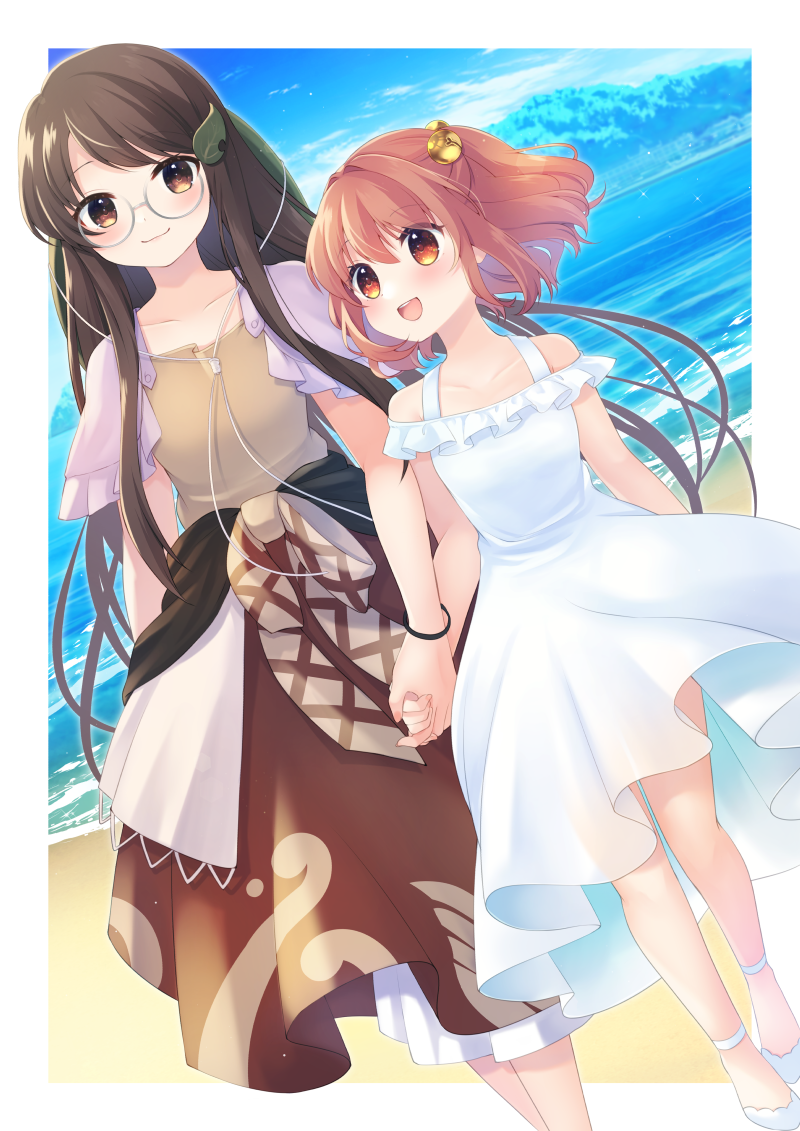 2girls alternate_costume beach bell bracelet brown_eyes brown_hair brown_skirt collarbone dress dutch_angle feet_out_of_frame full_body futatsuiwa_mamizou glasses hair_bell hair_ornament holding_hands jewelry jingle_bell leaf_hair_ornament light_smile long_hair motoori_kosuzu multiple_girls open_mouth orange_eyes orange_hair round_eyewear see-through sen1986 shoes skirt smile touhou very_long_hair water white_dress white_footwear yuri