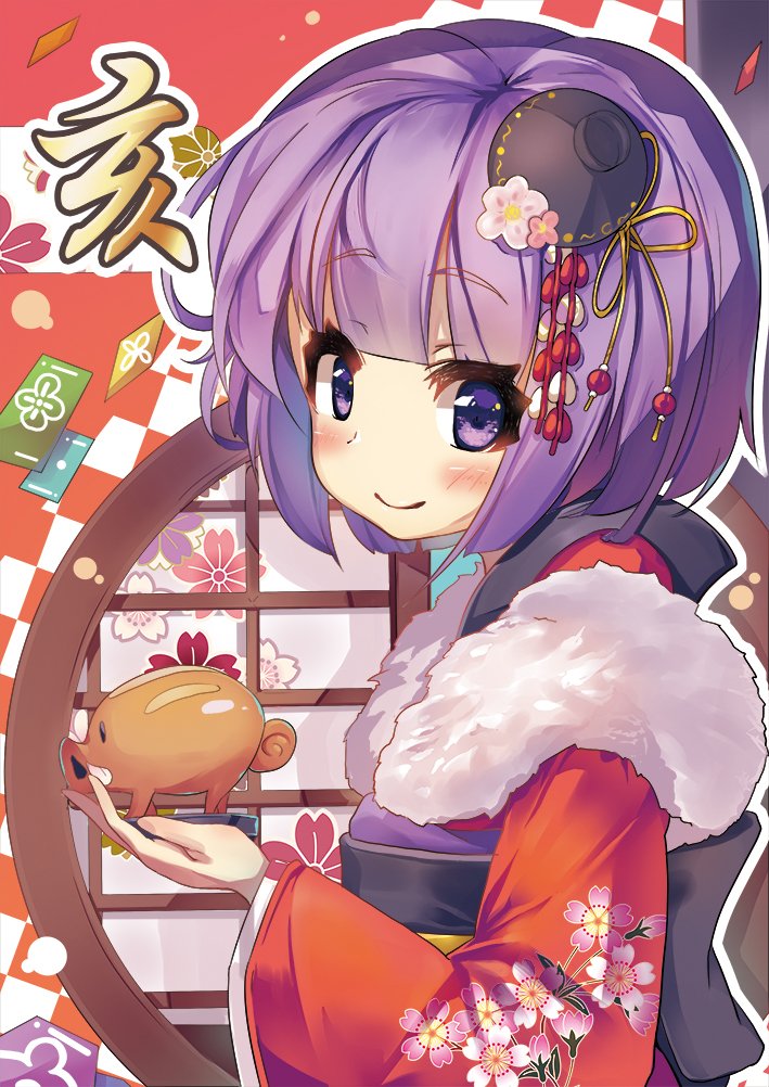 1girl animal bangs blunt_bangs blunt_ends bob_cut bowl chinese_zodiac closed_mouth commentary floral_print from_side fur_collar furisode hair_ornament holding holding_animal japanese_clothes kimono long_sleeves looking_at_viewer new_year obi pig print_kimono red_kimono sash short_hair smile solo standing sukuna_shinmyoumaru tendou_kaoru touhou translated wide_sleeves year_of_the_pig