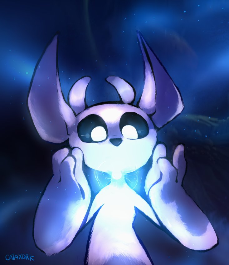 ambiguous_gender anthro cataxdrk2020 detailed_background duo fur glowing guardian_spirit half-length_portrait looking_at_another looking_down_at_another ori ori_(series) ori_and_the_blind_forest portrait sein watermark white_body white_eyes white_fur