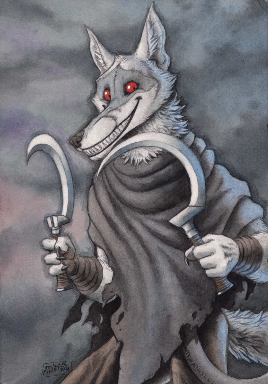 0laffson 2023 4_fingers anthro fingers fur grey_body grey_fur hi_res male red_eyes smile solo traditional_media_(artwork)