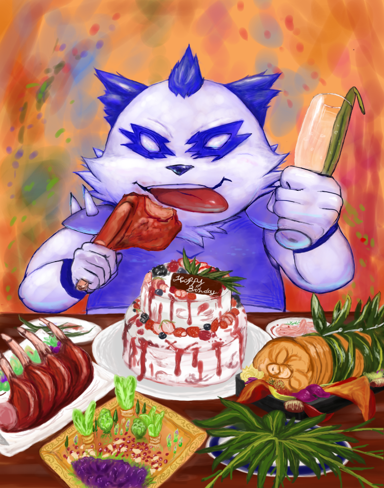 2017 abstract_background anthro armor bear bemani birthday birthday_cake blue_body blue_fur cake chest_tuft clothing container dessert food fur furniture giant_panda glass glass_container holding_object konami male mammal meat meat_on_bone nareo no_pupils pandeth_(pop'n_music) pauldron pop'n_music shirt solo table tongue tongue_out topwear tuft white_body white_eyes white_fur