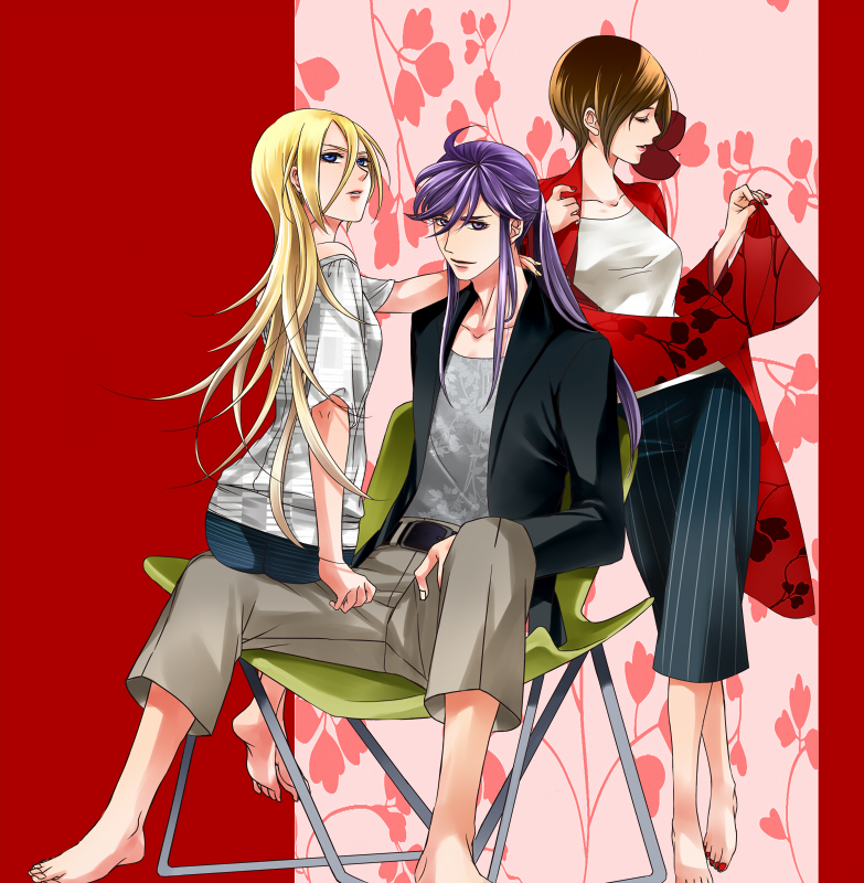 1boy 2girls bangs barefoot belt blonde_hair blue_eyes brown_hair chair closed_eyes crossed_legs folding_chair full_body hand_on_another's_shoulder jacket kamui_gakupo lily_(vocaloid) long_hair looking_back meiko_(vocaloid) multiple_girls nail_polish on_chair pants pencil_skirt pinstripe_pattern pinstripe_skirt ponytail purple_eyes purple_hair short_hair short_sleeves sitting sitting_on_person skirt smile striped toenail_polish toenails toyu very_long_hair vocaloid