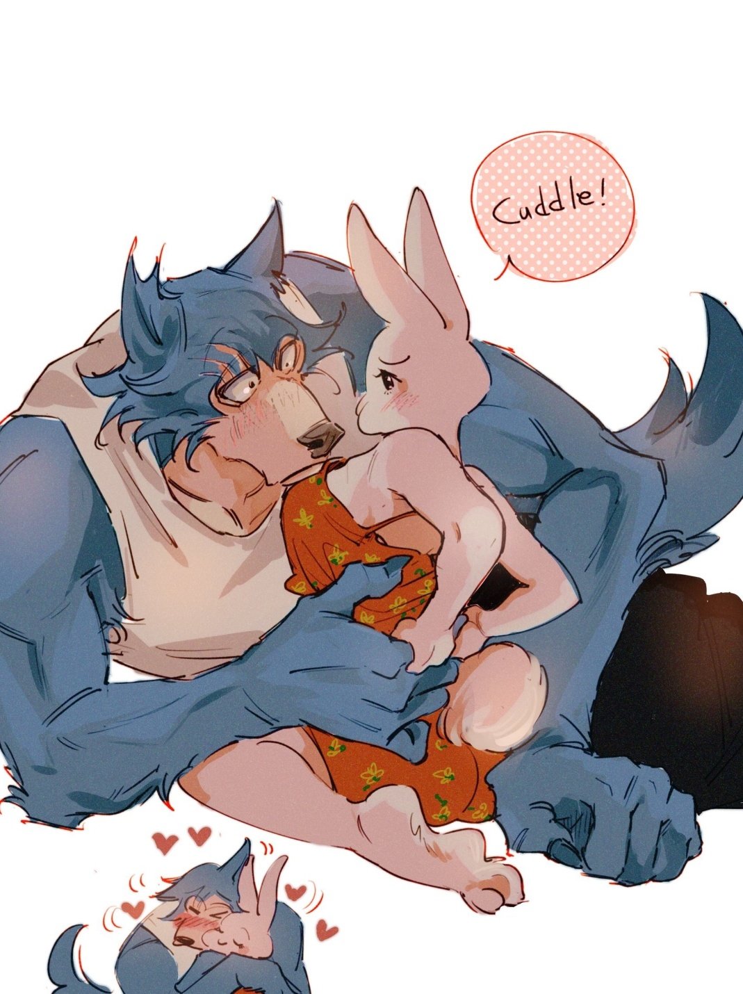 &lt;3 anthro beastars blue_body blue_fur blush bottomwear camisole canid canine canis clothing countershade_face countershade_torso countershading duo embrace english_text female fur furgonomic_bottomwear haru_(beastars) hi_res hug kneeling lagomorph larger_male legoshi_(beastars) leporid male male/female mammal mizue muscular muscular_anthro muscular_male pants paws rabbit scut_tail shirt short_tail shorts simple_background size_difference speech_bubble tail tank_top text topwear white_background white_body white_countershading white_fur wolf