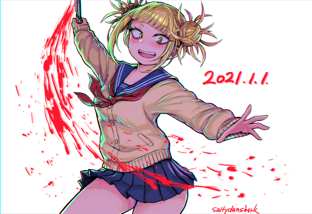 1girl :d artist_name bangs blonde_hair blood blue_sailor_collar blue_skirt blush boku_no_hero_academia breasts cardigan cowboy_shot dated double_bun fangs hair_bun holding holding_knife knife medium_breasts messy_hair miniskirt neckerchief open_mouth pleated_skirt red_neckerchief sailor_collar saltydanshark shiny_hair short_hair skirt smile solo teeth toga_himiko tongue upper_teeth_only yellow_eyes