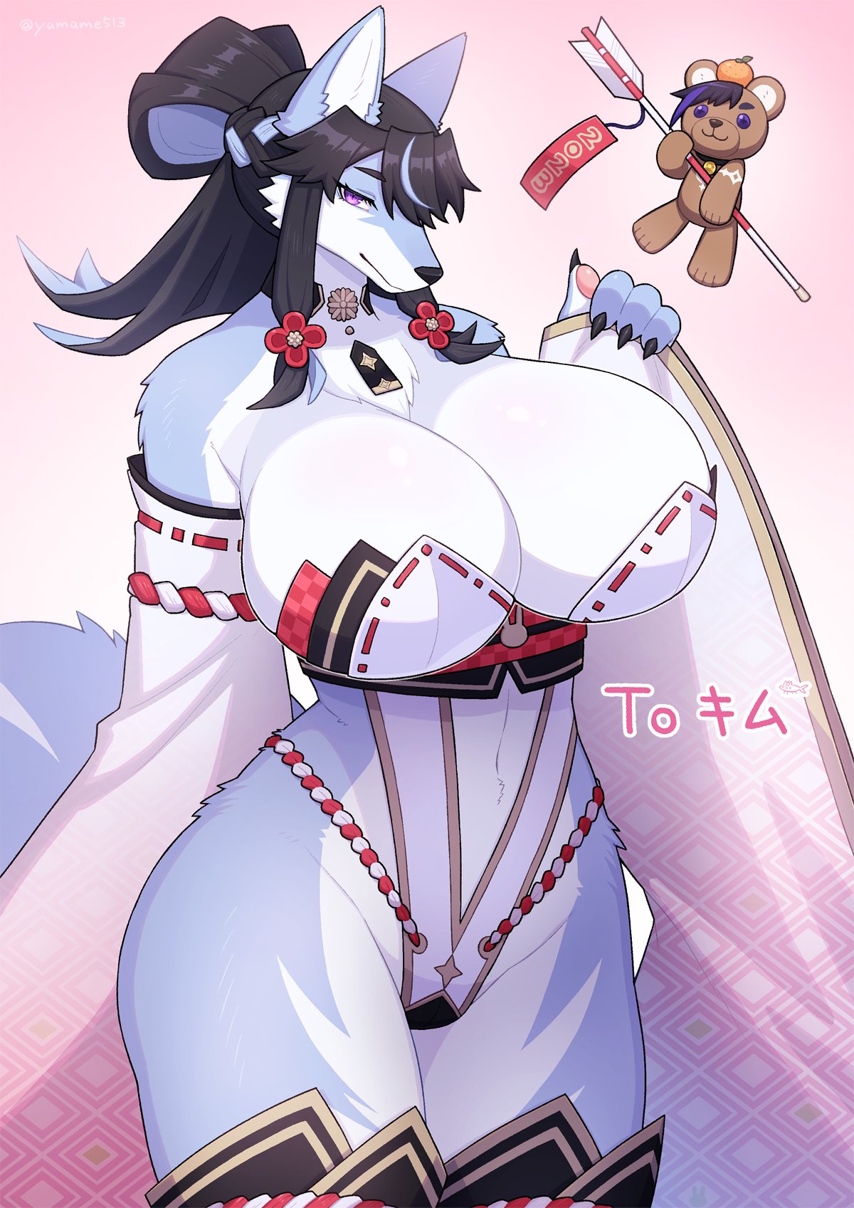 anthro big_breasts breasts canid canine canis clothed clothing female fur hair hi_res looking_at_viewer mammal simple_background white_body yamame513