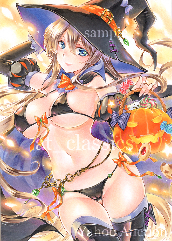 1girl at_classics bikini black_bikini blonde_hair blue_eyes breasts brown_hair cameltoe candy cookie covered_nipples food gradient_hair halloween hat jack-o'-lantern large_breasts long_hair looking_at_viewer micro_bikini multicolored_hair navel original smile solo swimsuit traditional_media very_long_hair witch witch_hat