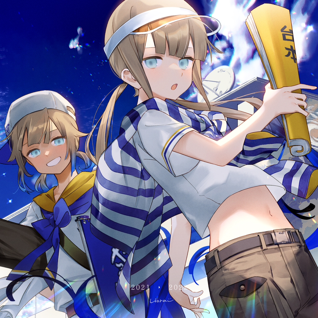 2boys :o arm_behind_back artist_name bangs baseball_cap belt blue_bow blue_eyes blue_hair blue_sky blunt_bangs bow captain_nemo_(fate) carrying carrying_under_arm chromatic_aberration cloud director fate/grand_order fate_(series) floating_hair gradient_hair grin hair_flaps hand_up hat holding holding_paper house index_finger_raised light_brown_hair liorac long_hair low_twintails marine_nemo_(fate) midriff multicolored_hair multiple_boys navel nemo_(fate) open_mouth paper rolled_up_paper sailor_collar satellite_dish shirt short_hair short_sleeves short_twintails shorts sideways_hat sky smile striped striped_shirt sweater_around_neck tan twintails visor_cap white_shirt