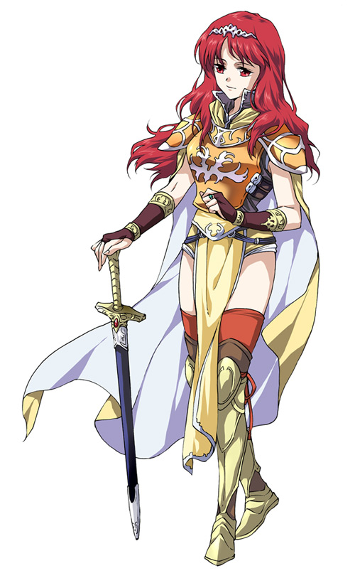 1girl agahari armor breastplate cape celica_(fire_emblem) fire_emblem fire_emblem_gaiden greaves holding holding_sword holding_weapon long_hair pauldrons red_eyes red_hair shoulder_armor simple_background solo sword tiara weapon white_background