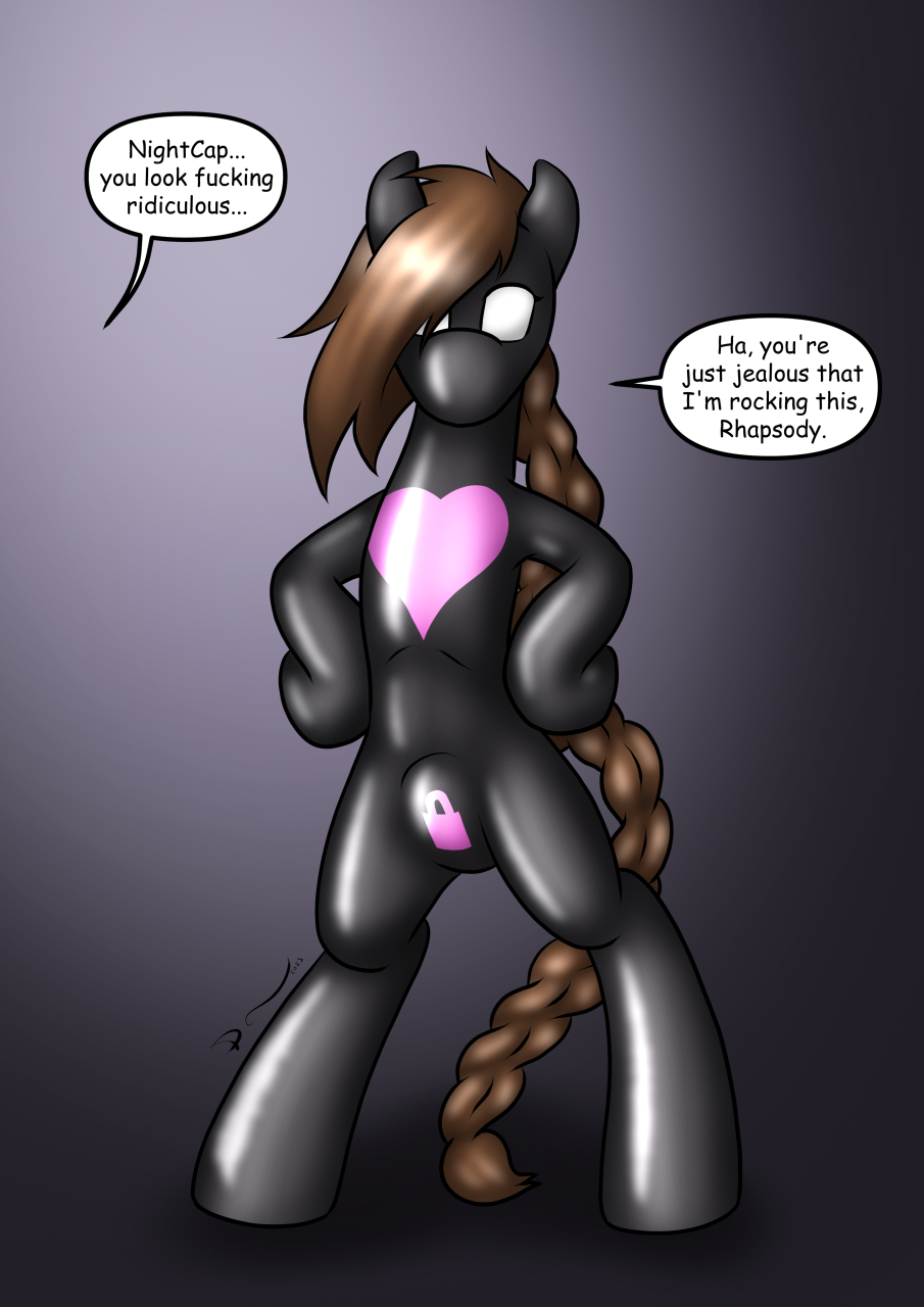 &lt;3 2023 black_bodysuit bodysuit braided_hair braided_ponytail brown_hair clothing danaume dialogue earth_pony english_text equid equine feral friendship_is_magic front_view glistening glistening_body hair hair_over_eye hands_on_own_hips hasbro hi_res horse latex lock_bulge lock_symbol long_hair male mammal my_little_pony null_bulge offscreen_character one_eye_obstructed pony ponytail pose semi-anthro simple_background skinsuit solo speech_bubble standing standing_on_hind_legs text tight_clothing