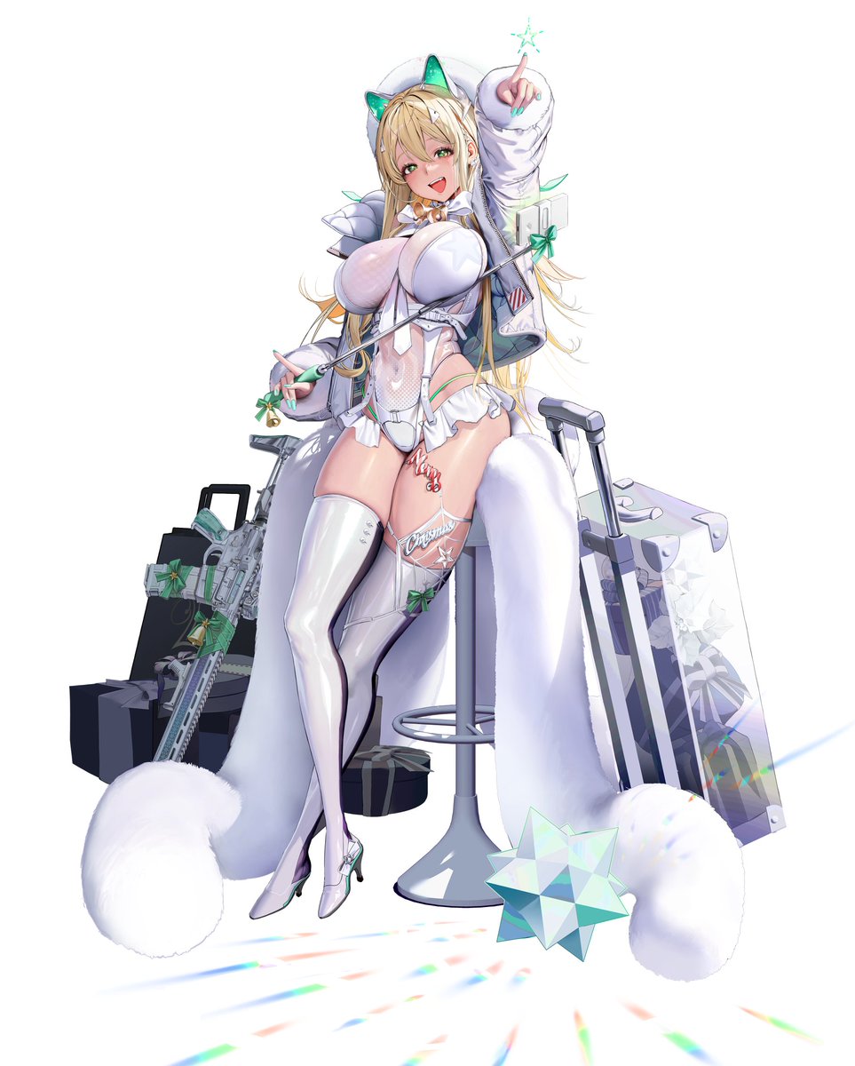 1girl :d ar-15 bell between_breasts blonde_hair blush boots breasts covered_navel dore_(gilles_dore) feather_boa full_body fur_hat goddess_of_victory:_nikke green_eyes green_nails gun hair_between_eyes hat highres jacket large_breasts leotard long_hair looking_at_viewer neck_bell necktie necktie_between_breasts official_art open_clothes open_jacket rifle rupee_(winter_shopper)_(nikke) see-through see-through_leotard selfie_stick shiny_skin simple_background sitting skindentation smile solo standing tachi-e thigh_boots weapon white_jacket white_leotard white_necktie