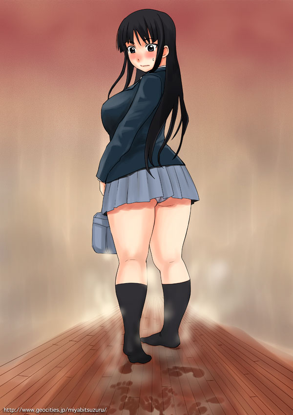 akiyama_mio ass blush curvy embarrassed foot_prints footprints footwear hime_cut huge_ass k-on! miyabi_tsuzuru panties pantyshot school_uniform smell socks sweat thick_thighs thighs underwear