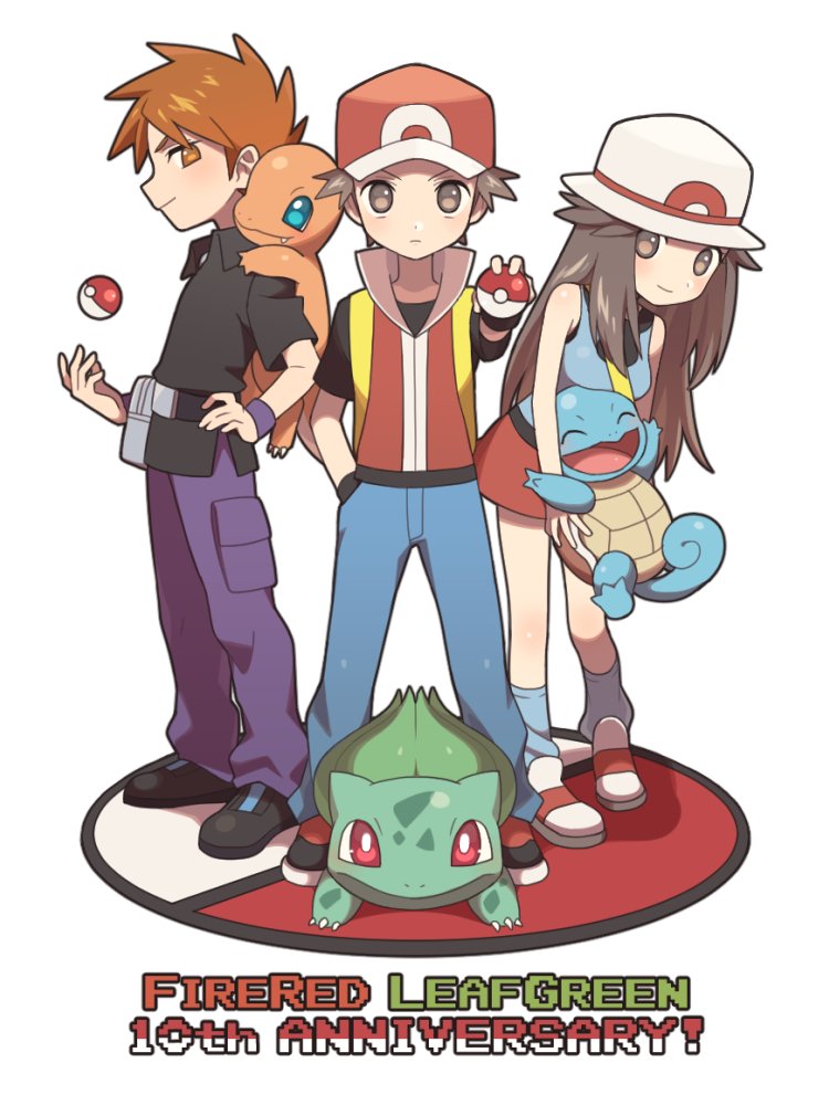 1girl 2boys :d ^_^ agata_(agatha) anniversary ball baseball_cap black_footwear black_shirt blue_(pokemon) blue_pants blue_shirt breasts brown_eyes brown_hair claws closed_eyes collared_shirt copyright_name creature creatures_(company) eyes_closed fang full_body game_freak gen_1_pokemon hand_in_pocket happy hat holding holding_ball holding_poke_ball holding_pokemon long_hair looking_at_viewer miniskirt multiple_boys nintendo ookido_green open_mouth pants poke_ball poke_ball_(generic) poke_ball_theme pokemon pokemon_(creature) pokemon_(game) pokemon_frlg pokemon_on_shoulder pokemon_trainer purple_pants red_(pokemon) red_eyes red_skirt serious shirt simple_background skirt sleeveless sleeveless_shirt small_breasts smile spiked_hair standing white_background white_footwear white_hat