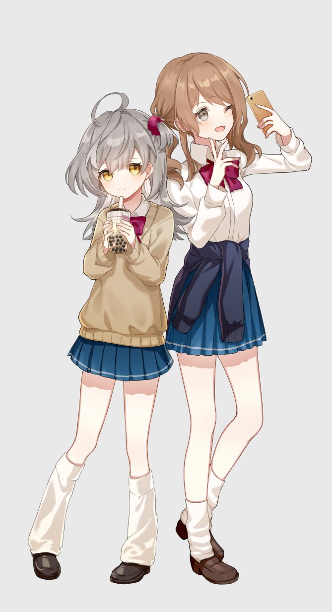 2girls ;d ahoge alternate_hairstyle assault_lily bangs black_cardigan black_footwear bow bowtie brown_footwear brown_hair brown_sweater bubble_tea cardigan cardigan_around_waist cellphone closed_mouth clothes_around_waist collared_shirt commentary_request cup disposable_cup drinking_straw full_body grey_background grey_eyes grey_hair gyaru hair_bun hair_ornament hair_scrunchie hand_up heel_up highres holding holding_cup holding_phone iijima_renka leg_warmers light_blush loafers long_sleeves looking_at_phone looking_at_viewer loose_socks low_ponytail miniskirt multicolored_hair multiple_girls one_eye_closed one_side_up phone pink_bow pink_bowtie pink_scrunchie pleated_skirt renea0222 sasaki_ran school_uniform scrunchie selfie shirt shirt_tucked_in shoes side-by-side side_ponytail simple_background single_side_bun skirt smartphone smile socks standing streaked_hair striped striped_skirt sweater swept_bangs v white_shirt white_socks yellow_eyes
