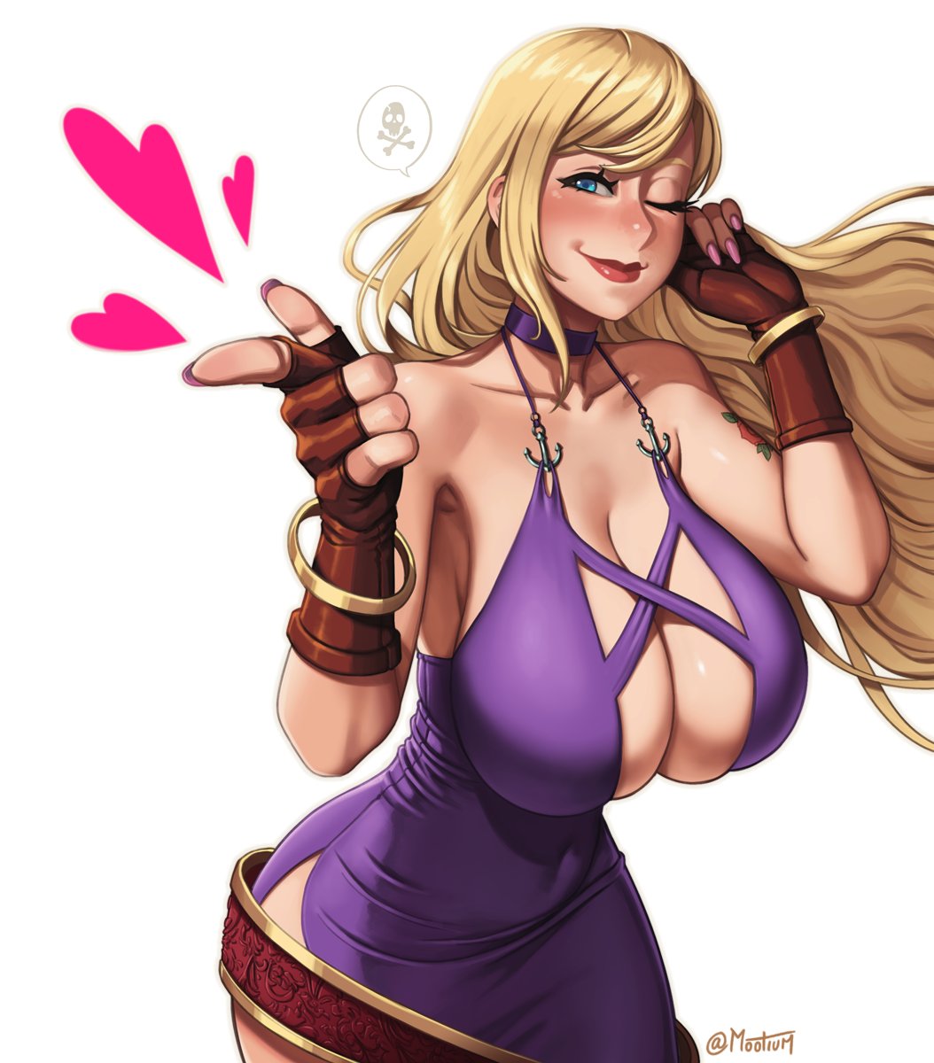 1girl artist_name bangs bare_shoulders blonde_hair blue_eyes bracelet breasts choker cleavage collarbone commentary dress fatal_fury fingerless_gloves fingernails freckles garou:_mark_of_the_wolves gloves hand_up highres jenet_behrn jewelry large_breasts lips long_hair looking_at_viewer makeup mootium parted_lips purple_dress red_gloves shiny_hair signature simple_background skull_and_crossbones sleeveless sleeveless_dress smile snk solo the_king_of_fighters the_king_of_fighters_xv twitter_username upper_body white_background