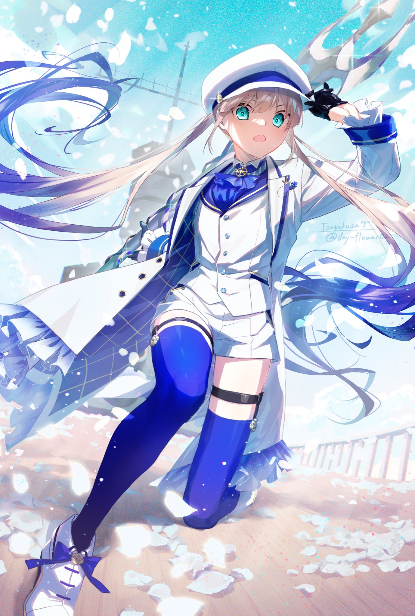 1boy aircraft_carrier arm_behind_back arm_up ascot bangs black_gloves blazer blue_ascot blue_coat blue_hair blue_sky blue_thighhighs blunt_bangs boots bow captain_nemo_(fate) coat collared_shirt commentary fate/grand_order fate_(series) footwear_bow full_body gloves gradient_hair half_gloves hand_on_headwear hat high_heel_boots high_heels highres holding_trident jacket kneeling light_brown_hair long_hair looking_at_viewer military military_vehicle multicolored_hair nemo_(fate) one_knee open_mouth outdoors peaked_cap petals railing ship ship_deck shirt short_shorts shorts sky solo striped striped_shirt thigh_strap thighhighs tsuyukusa_(eeta7273) twitter_username two-tone_coat very_long_hair warship watercraft white_coat