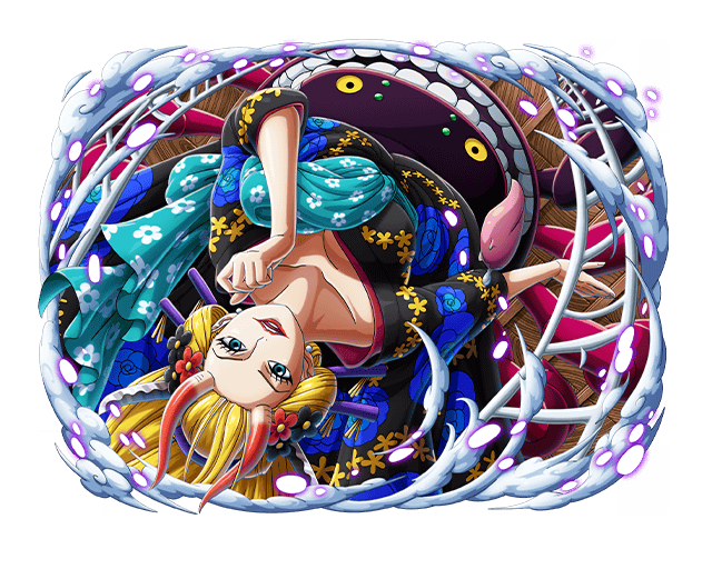 1girl black_maria_(one_piece) blonde_hair blue_eyes hair_ornament horns japanese_clothes kimono long_hair looking_at_viewer official_art one_piece one_piece_treasure_cruise oni_horns open_mouth teeth upside-down