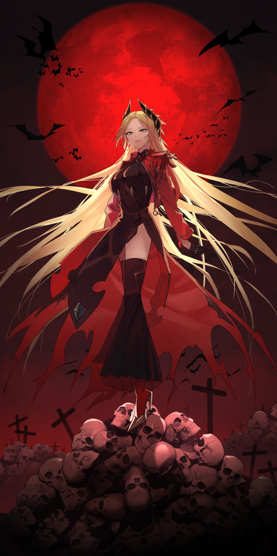 1girl alchemy_stars bat_(animal) black_dress black_gloves blonde_hair breasts cross detached_leggings dress gloves green_eyes high_heels highres horns jacket large_breasts long_hair long_sleeves moon open_clothes open_jacket outdoors pile_of_skulls red_jacket red_moon skull smile solo standing tian_zhi_shi_shi very_long_hair victoria_(alchemy_stars)