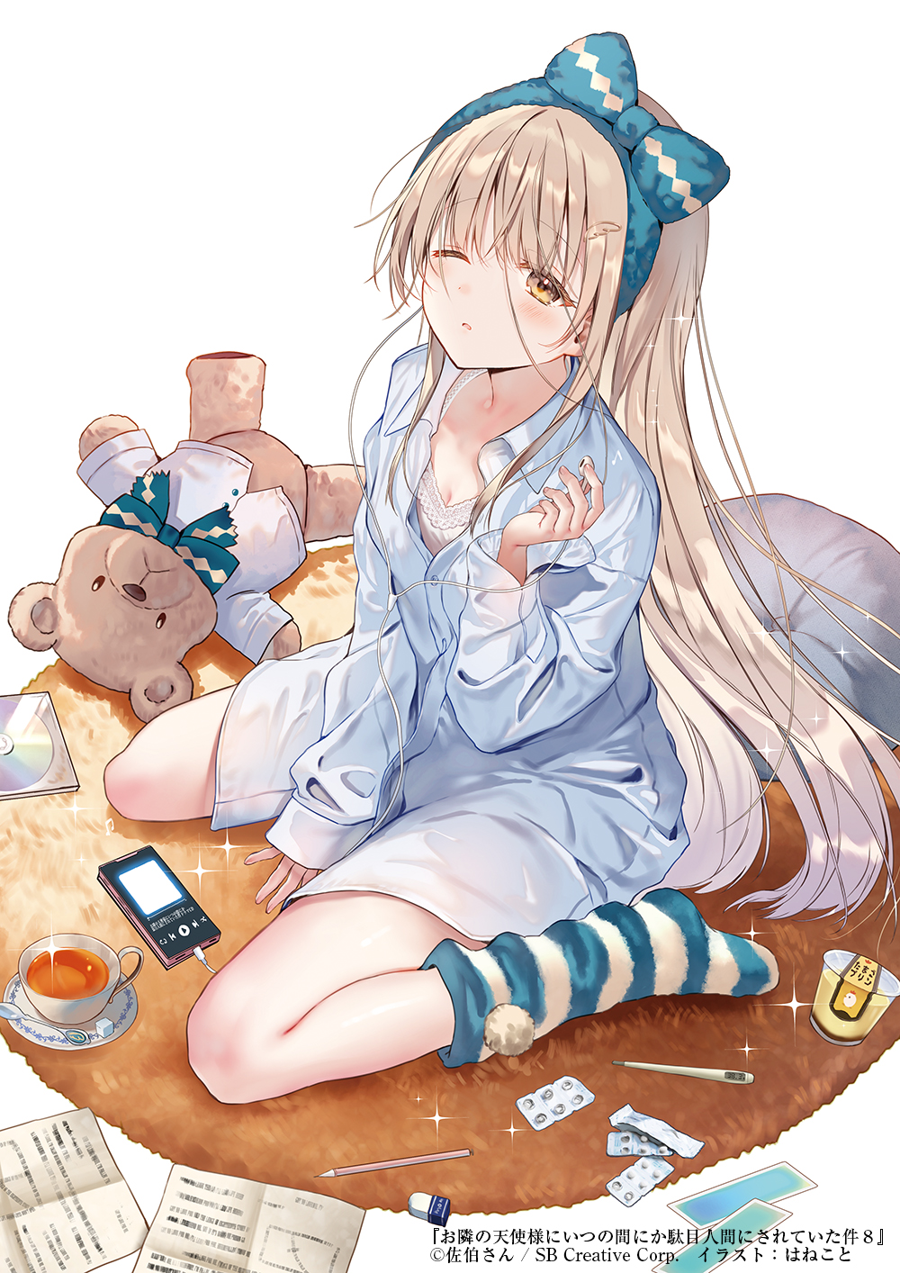 1girl argyle arm_support between_legs blue_bow blue_bowtie blue_hairband bow bowtie brown_eyes cd cd_case collared_shirt cup digital_media_player digital_thermometer dot_nose dress_shirt drink earphones eraser food full_body hair_ornament hairband hairclip hand_between_legs hand_up hanekoto highres holding holding_earphones indoors lace_trim light_brown_hair listening_to_music long_hair long_sleeves looking_at_viewer looking_up medicine no_pants no_shoes official_art on_floor one_eye_closed otonari_no_tenshi-sama_ni_itsu_no_mani_ka_dame_ningen_ni_sarete_ita_ken oversized_clothes oversized_shirt paper parted_lips pencil pill pillow pom_pom_(clothes) pudding rug saucer shiina_mahiru shiny_hair shirt single_earphone_removed sitting socks solo sparkle straight_hair striped striped_socks stuffed_animal stuffed_toy sugar_cube tea teacup teddy_bear thermometer very_long_hair wariza white_background wing_collar wing_hair_ornament