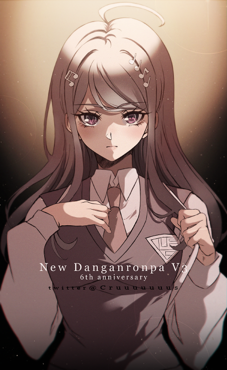 1girl ahoge akamatsu_kaede anniversary artist_name backpack bag bangs blonde_hair breasts brown_background brown_necktie closed_mouth collared_shirt copyright_name criis-chan danganronpa_(series) danganronpa_v3:_killing_harmony gradient gradient_background hair_ornament hands_up large_breasts long_hair long_sleeves musical_note musical_note_hair_ornament necktie serious shiny_hair shirt solo white_shirt