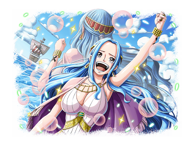 1girl blue_hair blue_sky breasts cleavage cropped_torso dress going_merry hand_up jewelry long_hair multiple_views necklace nefertari_vivi ocean official_art one_piece one_piece_treasure_cruise open_mouth sky teeth water white_dress