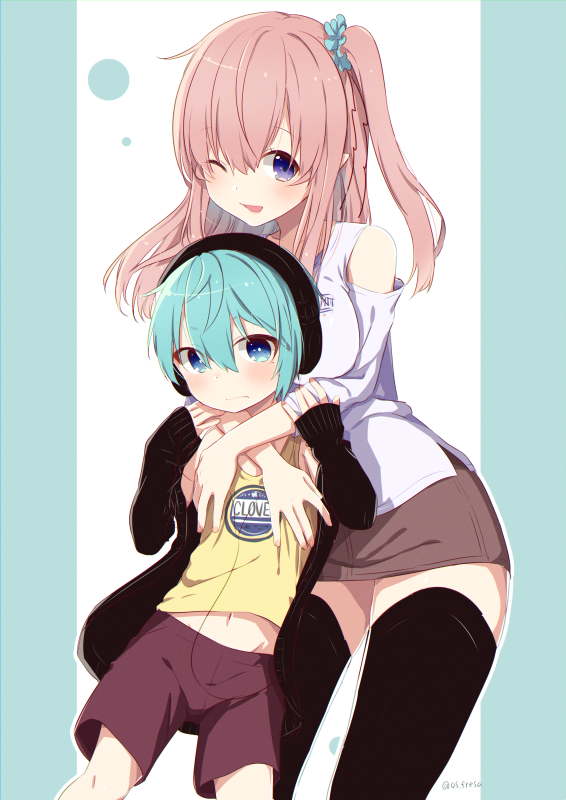 1boy 1girl age_difference aqua_background arms_around_neck black_jacket black_thighhighs blue_scrunchie breast_pillow brown_skirt detached_sleeves groin hands_on_another's_arms hug hug_from_behind jacket long_hair navel nei_akutsu one_eye_closed one_side_up onee-shota original os_(os_fresa) pillarboxed pink_hair pointy_ears purple_eyes red_shorts scrunchie shirt shorts skirt smile souta_kandori tank_top thighhighs twitter_username white_background white_shirt yellow_tank_top