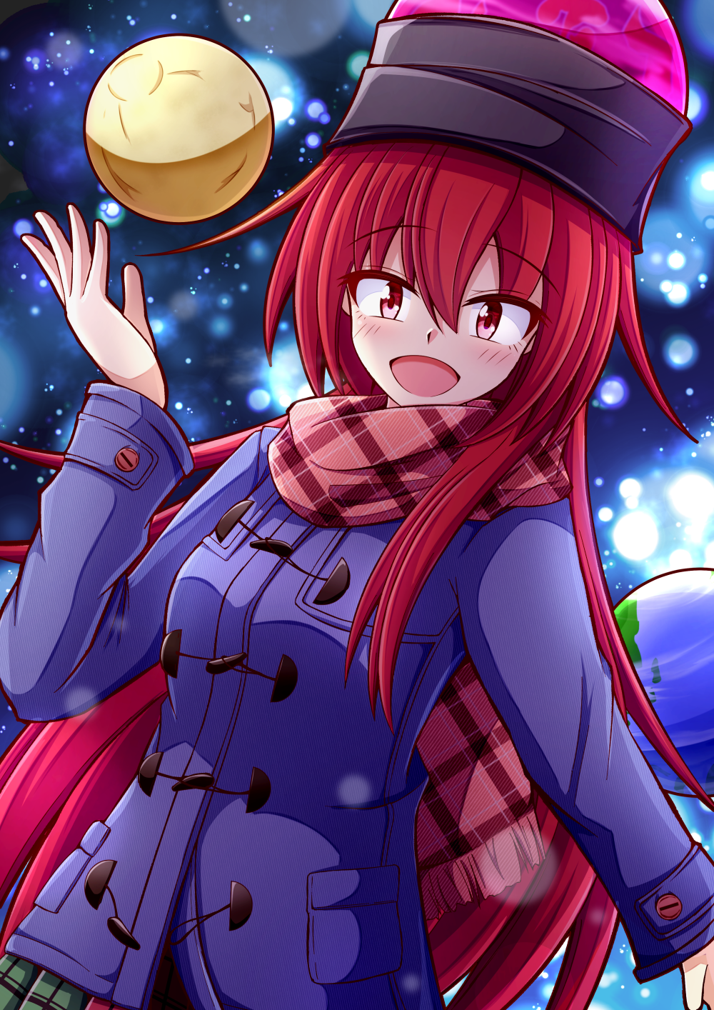 1girl :d alternate_costume aospanking blush coat commentary_request duffel_coat earth_(ornament) hecatia_lapislazuli highres long_hair looking_at_viewer moon_(ornament) plaid plaid_scarf polos_crown red_eyes red_hair scarf smile solo touhou very_long_hair winter_clothes winter_coat