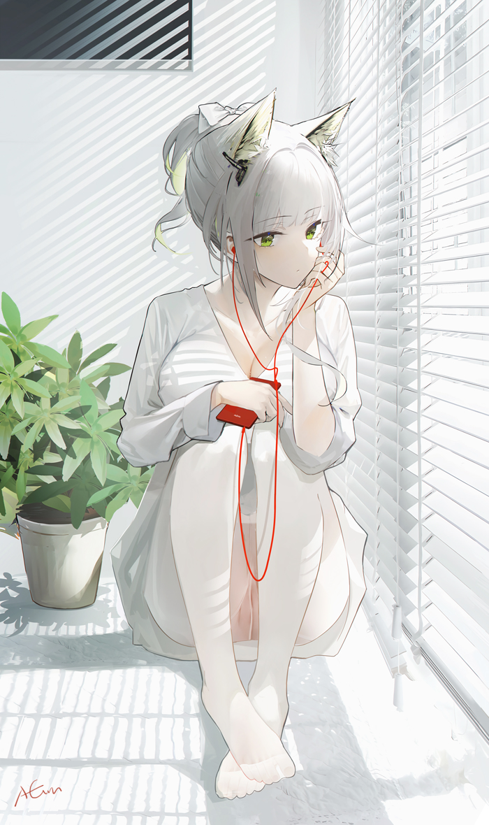 1girl animal_ear_fluff animal_ears arknights bangs breasts cat_ears cellphone cleft_of_venus closed_mouth dress earphones green_eyes green_hair grey_hair kal'tsit_(arknights) listening_to_music long_sleeves looking_to_the_side omone_hokoma_agm pantyhose phone plant short_hair signature smartphone solo white_dress white_hair white_pantyhose