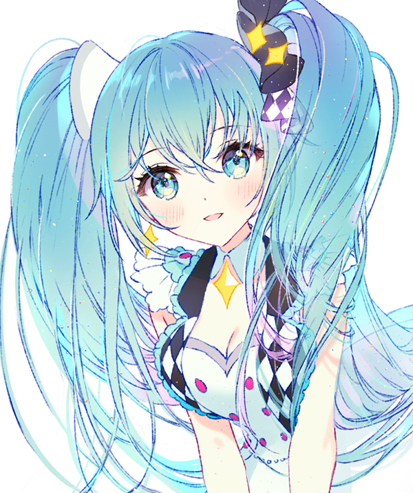 1girl aqua_eyes aqua_hair armpit_crease bare_arms belly_chain black_bow bow breasts brooch chain checkered_bow checkered_clothes checkered_vest cleavage detached_collar dot_nose dress earrings eyelashes frilled_vest frills glitter hair_between_eyes hair_bow hair_ornament hair_over_shoulder hatsune_miku idol jewelry leaning_forward light_blush long_hair looking_at_viewer medium_breasts more_more_jump!_(project_sekai) parted_lips project_sekai rumi_(rarumi11) shiny_hair silver_trim simple_background smile solo star_(symbol) star_brooch star_earrings star_hair_ornament straight_hair translucent_hair twintails upper_body v_arms very_long_hair vest vocaloid white_background white_dress