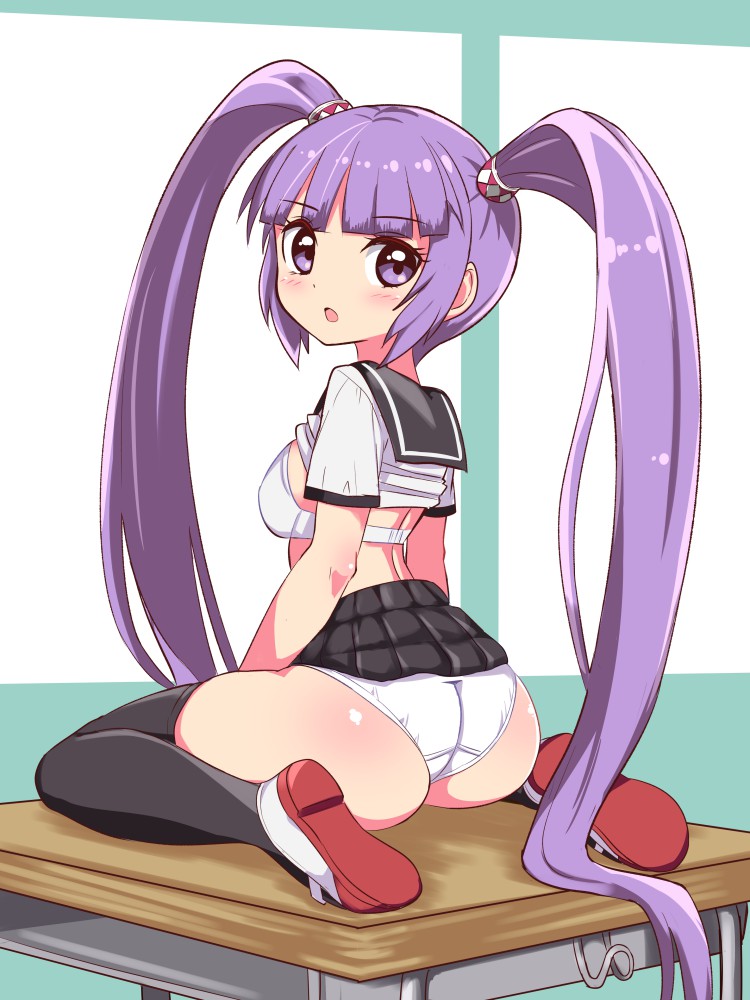 1girl :o ass bangs black_sailor_collar black_skirt black_thighhighs blunt_bangs bra breasts clothes_lift commentary cougar_(cougar1404) crotch_seam desk from_behind hair_tie long_hair looking_at_viewer looking_back miniskirt on_desk panties pleated_skirt purple_eyes purple_hair sailor_collar school_uniform serafuku shirt shirt_lift shoes short_sleeves sitting skirt skirt_lift small_breasts solo sophie_(tales) tales_of_(series) tales_of_graces thighhighs twintails underwear uwabaki very_long_hair wariza white_bra white_footwear white_panties white_shirt