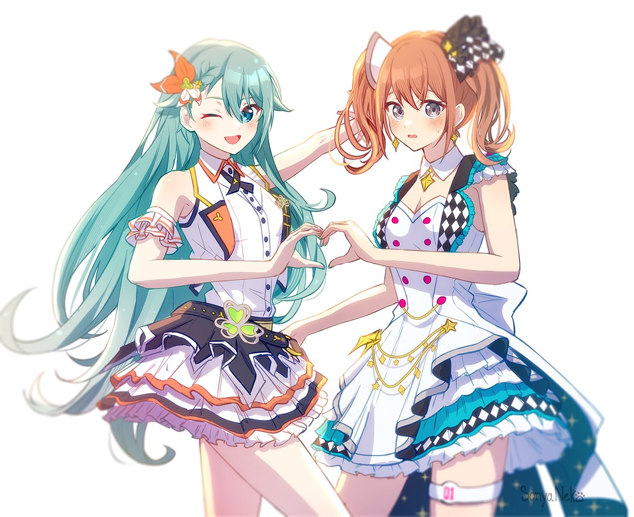 2girls :d aqua_eyes aqua_hair aqua_skirt arm_at_side arm_up armband artist_name back_bow bangs belly_chain belt black_belt black_bow blush bow braid breasts brooch brown_hair buttons checkered_bow checkered_clothes checkered_skirt checkered_vest clover_hair_ornament collared_shirt contrapposto cosplay costume_switch cowboy_shot detached_collar dot_nose dress earrings embarrassed frilled_armband frilled_skirt frilled_vest frills grey_eyes hair_between_eyes hair_bow hair_down hair_ornament hanasato_minori hatsune_miku heart heart_hands heart_hands_duo idol jewelry layered_skirt long_hair looking_at_viewer more_more_jump!_(project_sekai) multiple_girls nervous one_eye_closed open_mouth orange_bow project_sekai shiny_hair shirt shirt_tucked_in short_twintails shy side-by-side sidelocks silver_trim simple_background skirt small_breasts smile sonyaneko sparkle_print star_(symbol) star_brooch star_earrings star_hair_ornament sweatdrop swept_bangs thigh_strap twintails two-tone_bow vest vocaloid wavy_mouth white_background white_bow white_dress white_shirt white_skirt