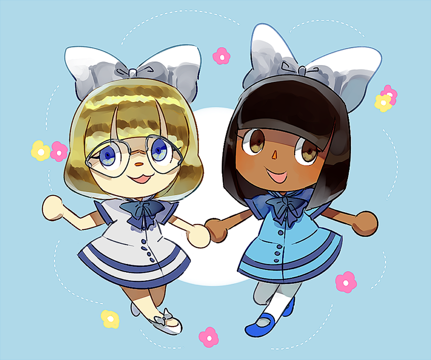 2girls :3 animal_crossing bangs black_hair blonde_hair blue_background blue_bow blue_bowtie blue_dress blue_eyes blue_footwear blunt_bangs blush bow bowtie brown_eyes buttons commentary dark-skinned_female dark_skin dress flat_chest flower full_body glasses grey-framed_eyewear hair_bow hand_up happy holding_hands jaibus leg_up light_blush looking_to_the_side medium_hair multiple_girls open_mouth pantyhose pink_flower semi-rimless_eyewear shiny_hair shoes short_hair short_sleeves sidelocks smile standing standing_on_one_leg symmetry villager_(animal_crossing) white_bow white_dress white_footwear white_pantyhose yellow_flower