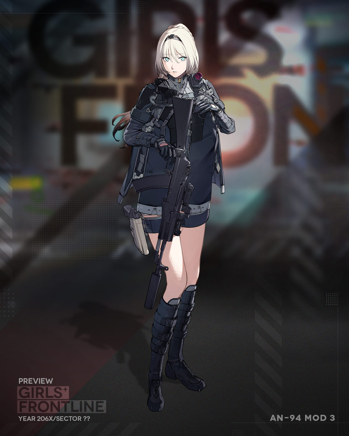 1girl an-94 an-94_(girls'_frontline) aqua_eyes assault_rifle bangs blonde_hair body_armor boots duoyuanjun girls'_frontline gloves gun hairband handgun highres holding holding_gun holding_weapon holster holstered_weapon long_hair looking_at_viewer mod3_(girls'_frontline) official_art parted_lips ponytail rifle solo standing suppressor tactical_clothes thigh_boots thigh_holster weapon