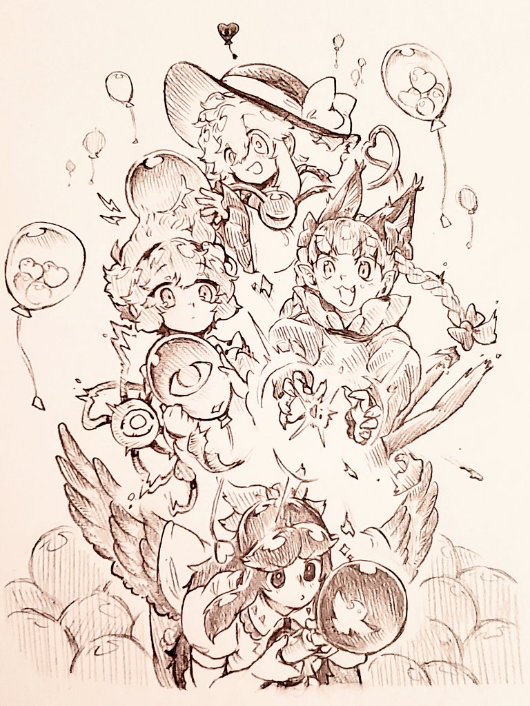 4girls :d animal_ears balloon bird_wings blush bow braid cape cat_ears commentary dress fang feathered_wings fingernails graphite_(medium) hair_between_eyes hair_bow hair_ornament hairband hat hat_bow heart heart_hair_ornament holding holding_balloon kaenbyou_rin komeiji_koishi komeiji_satori lightning_bolt_symbol long_hair looking_at_another looking_at_object medium_hair menotama monochrome multiple_girls open_mouth photo_(medium) popping puffy_short_sleeves puffy_sleeves reiuji_utsuho sharp_fingernails shirt short_hair short_sleeves smile static_electricity surprised sweatdrop symbol-only_commentary third_eye touhou traditional_media twin_braids wings