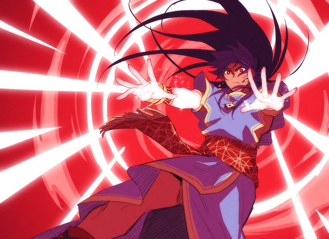 1boy bangs blue_hair blue_robe bright_pupils closed_mouth dark-skinned_male dark_blue_hair dark_skin earrings falling fate/grand_order fate_(series) feet_out_of_frame fighting_stance floating_hair glowing glowing_eyes glowing_hands hair_between_eyes jewelry long_hair looking_at_viewer lv1na_ura male_focus official_alternate_costume red_background red_eyes red_sash robe roman_clothes romulus_quirinus_(fate) sash serious solo very_long_hair