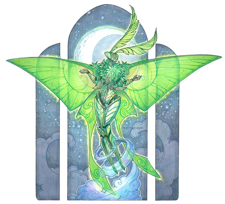 1other antennae artist_name bug cloud drachenmagier english_commentary extra_arms full_body furry green_wings insect_wings looking_at_viewer moon moth night original solo transparent_background wings