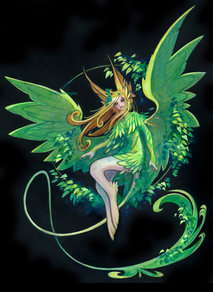 1girl artist_name black_background blonde_hair drachenmagier english_commentary fairy fantasy full_body green_wings leaf long_hair looking_at_viewer original pointy_ears simple_background solo wings