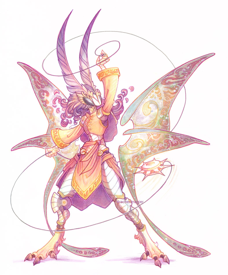 1other arm_up artist_name bug butterfly butterfly_girl butterfly_wings commission drachenmagier full_body furry holding holding_weapon long_hair original purple_hair solo spiked_yo-yo standing weapon white_background wings yo-yo